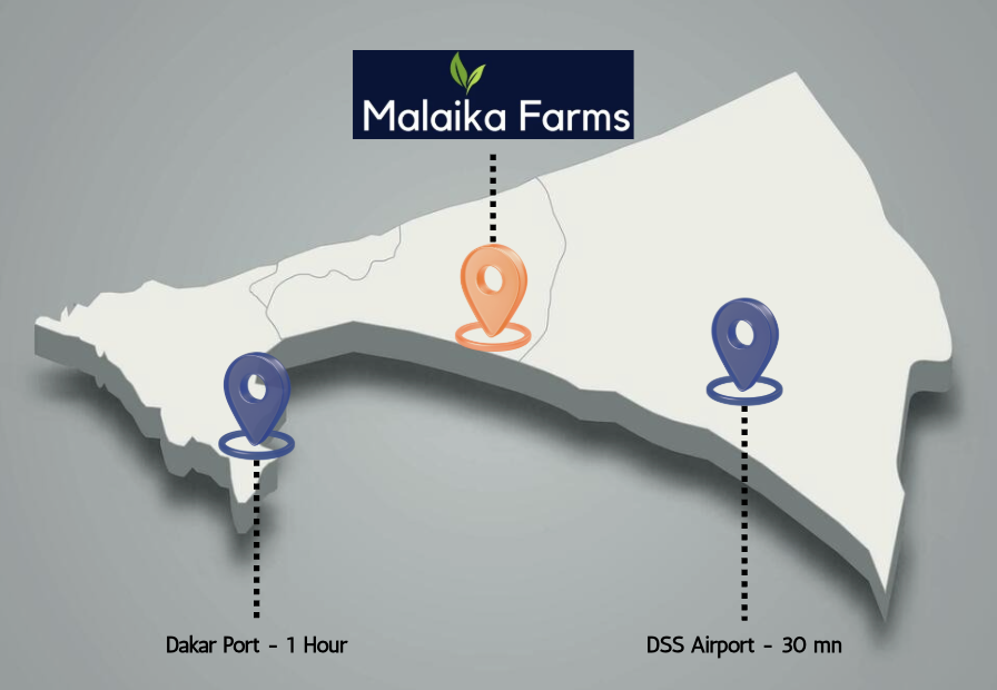 Map showing Malaika Farms location near Dakar Port and DSS Airport