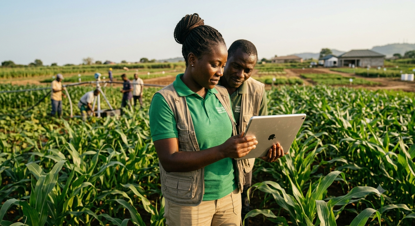 Farm team reviewing crop operations in a field